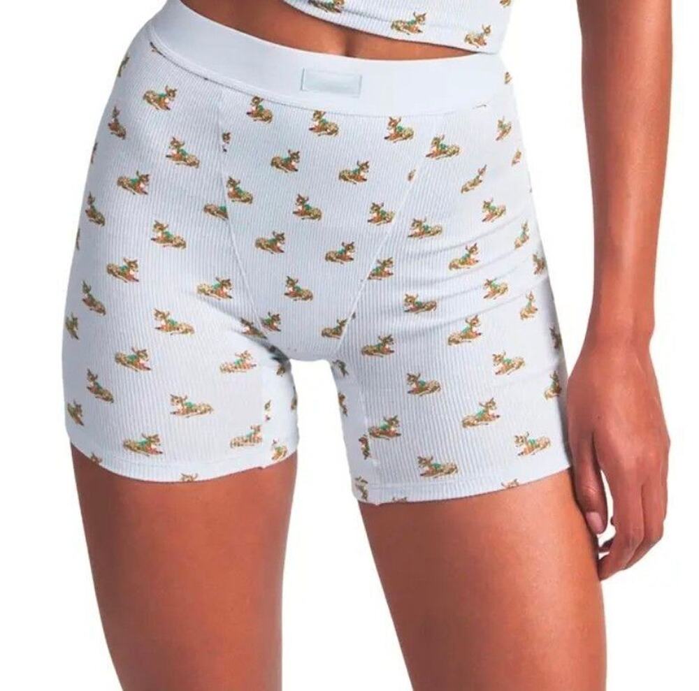 SKIMS Cotton Ribbed Boxers In Deer Print Limited Edition Blue Baby Deer NWOT